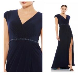 Mac Duggal Faux Wrap V-Neck Cap Sleeve Gown